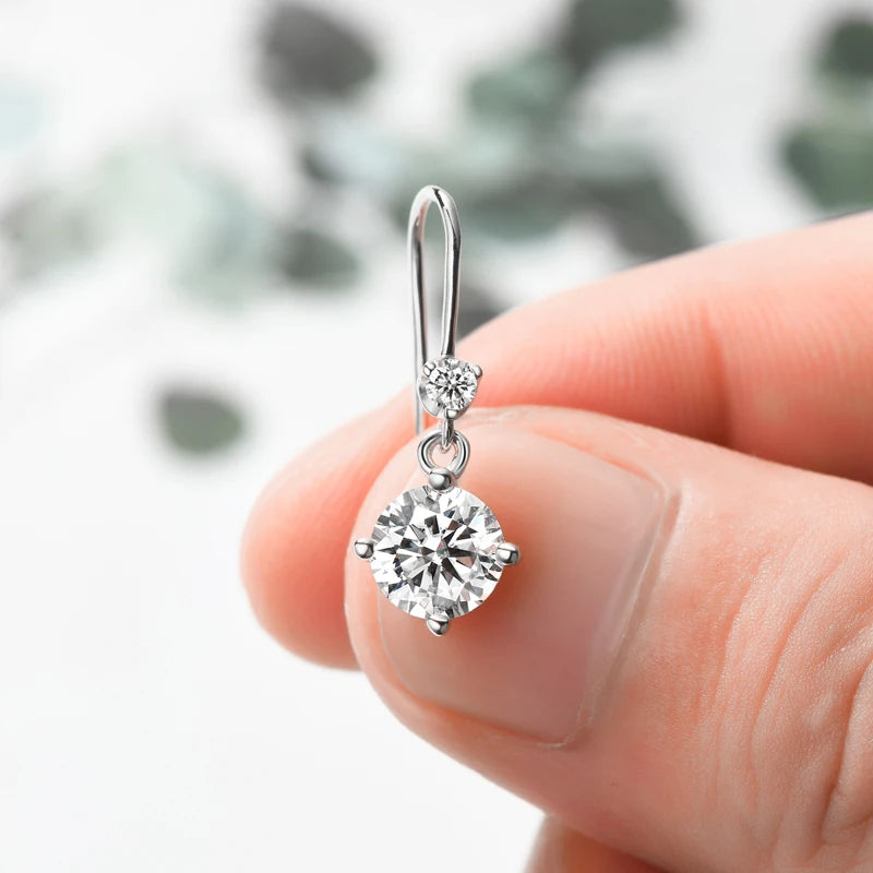 Anziw Hook Earrings Real 925 Silver 6.5mm 1ct Round Moissanite Drop Dangle Earring Certified Wedding Jewelry for Women Gift