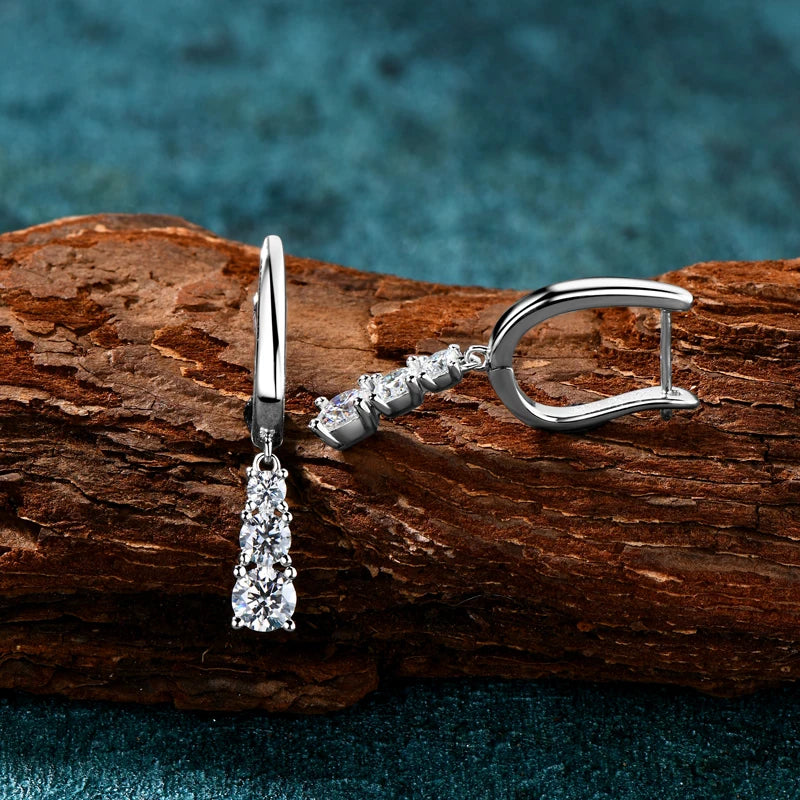 Anziw Three Stone Trilogy Clip Earrings 925 Sterling Silver 1.8CTW. Moissanite Pendant Earrings for Women Wedding Jewelry Gifts