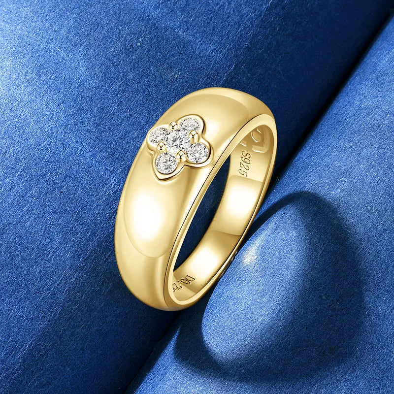 Anziw Trendy 925 Chunky Wide Ring Moissanite Clover Flower Finger Bands Thick Rings for Women S925 Silver Cute Jewelry Certified
