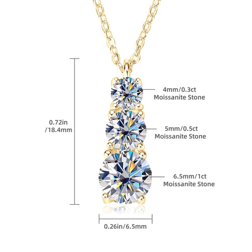 Anziw 925 Silver Necklace 1.80CTW.3 Stones D Color Round Moissanite Pendant Necklace for Women Certified Jewelry 18K Gold Plated
