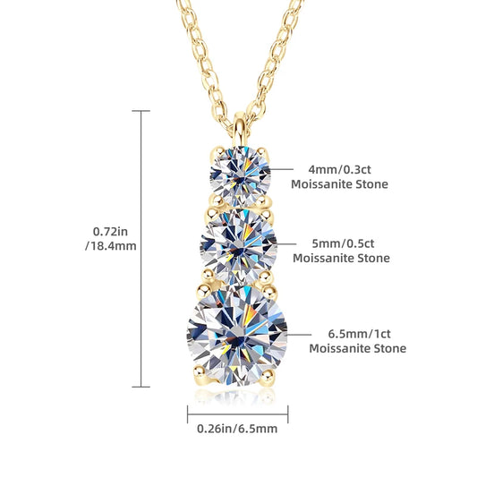 Anziw 925 Silver Necklace 1.80CTW.3 Stones D Color Round Moissanite Pendant Necklace for Women Certified Jewelry 18K Gold Plated