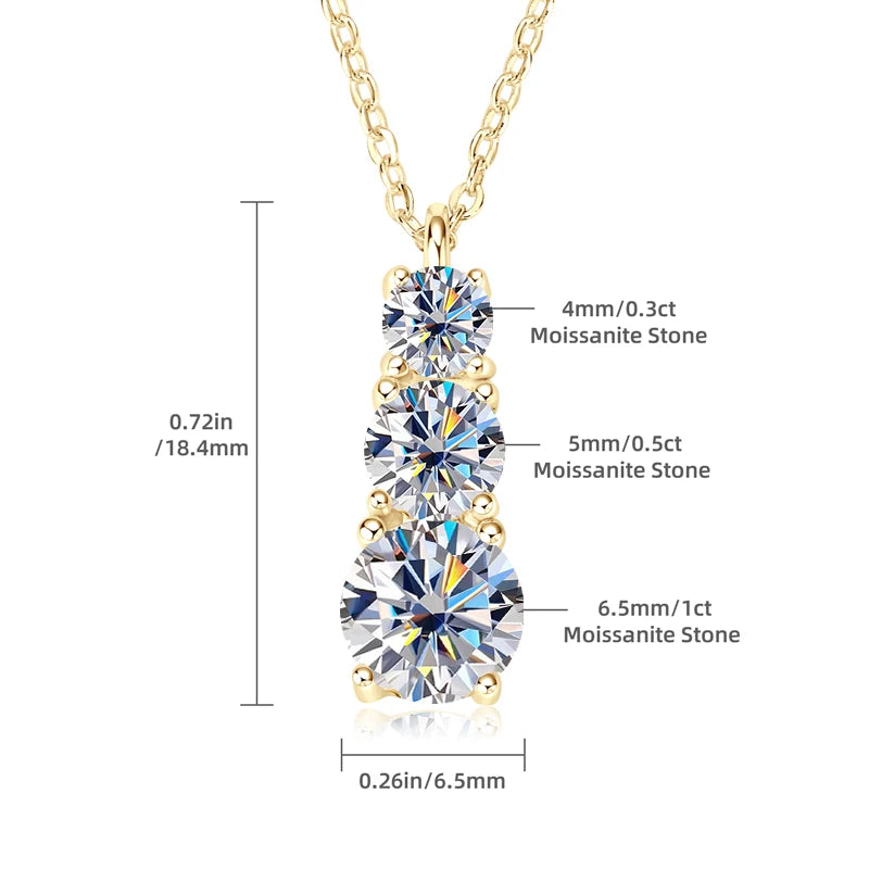 925 Silver D1.85CT Moissanite Necklace Certified Gradual Three Stone Pendant Collar Wedding Anniversary Jewelry Gift for Women