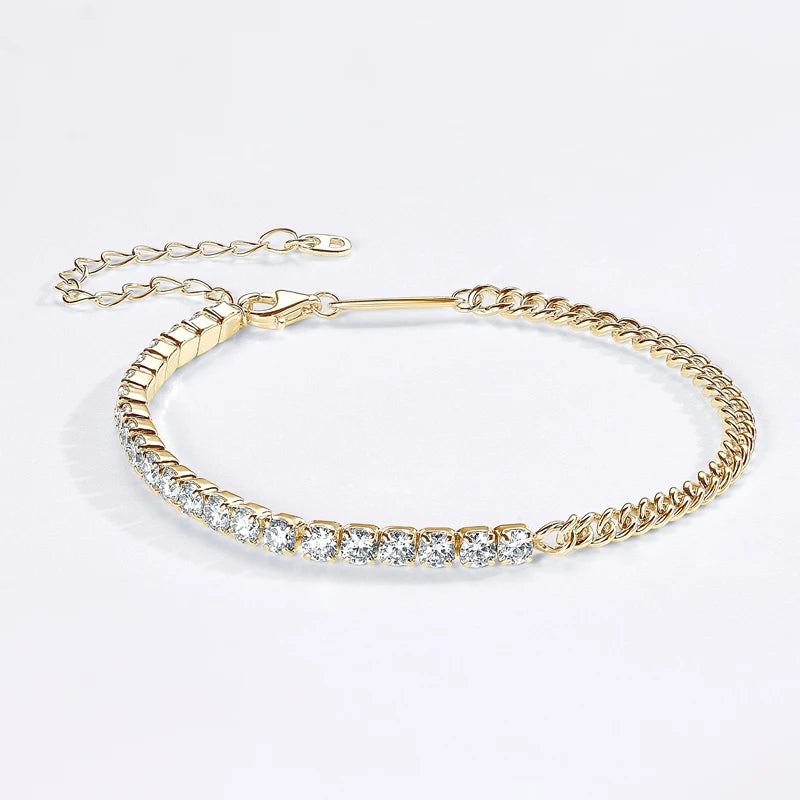 18k Gold Plated Half Tennis Bracelet 2mm 3mm D Moissanite Cuban Bracelet Real 925 Silver Chain for Women Men Certified Jewelry