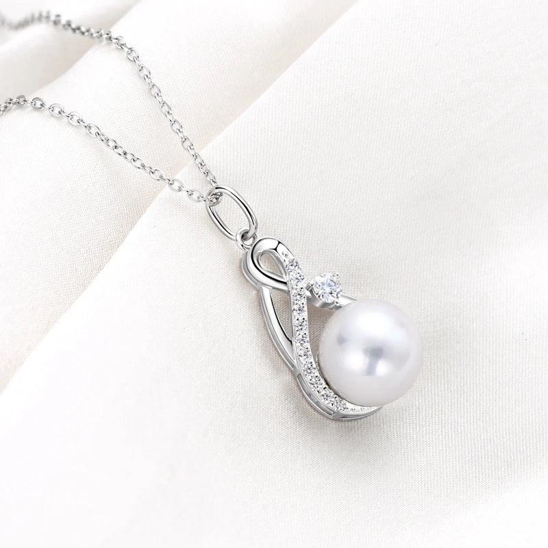 Anziw 10mm Freshwater/Tahitian Black Pearl Moissanite Infinity Pendant Necklace Silver 925 Wedding Jewelry for Women Gift 45+5cm