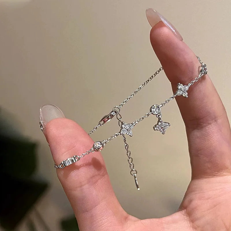 Anziw Certified D-E Moissanite Bracelet 925 Sterling Silver Women's Clover Flower Bracelets Adjustable S925 Chain Trendy Jewelry