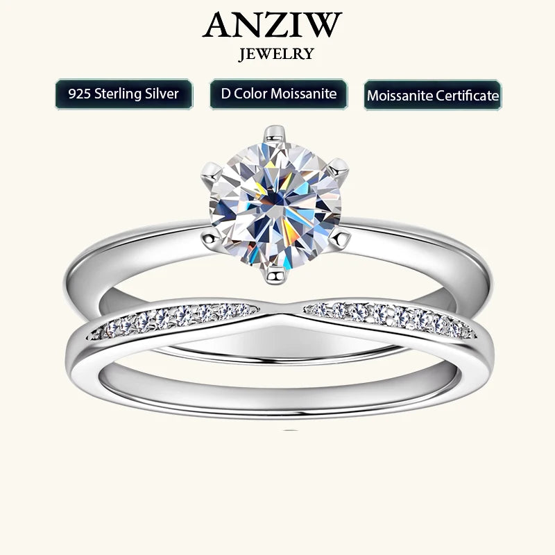 Classic 1.0ct D Moissanite Wedding Engagement Rings for Women 925 Silver Solitaire Bridal Ring Stackable Half Eternity Band Sets