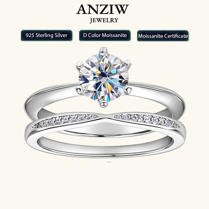 Classic 1.0ct D Moissanite Wedding Engagement Rings for Women 925 Silver Solitaire Bridal Ring Stackable Half Eternity Band Sets