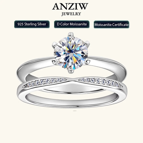 Classic 1.0ct D Moissanite Wedding Engagement Rings for Women 925 Silver Solitaire Bridal Ring Stackable Half Eternity Band Sets