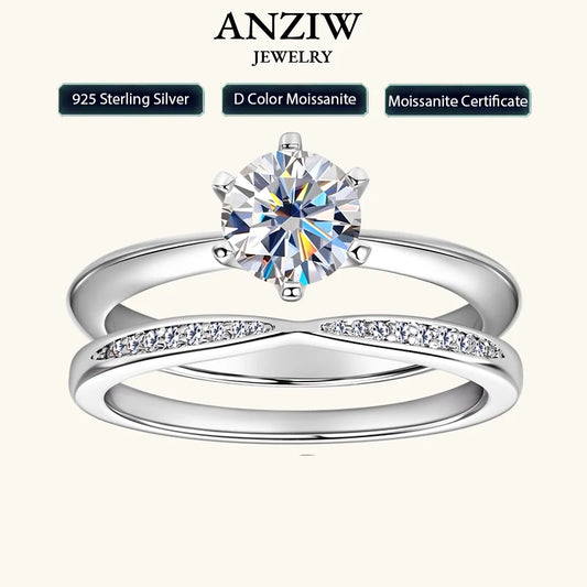 Classic 1.0ct D Moissanite Wedding Engagement Rings for Women 925 Silver Solitaire Bridal Ring Stackable Half Eternity Band Sets