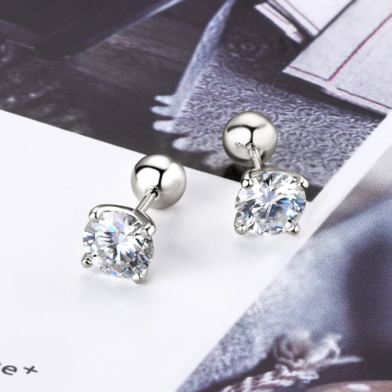Anziw 2.0ctw D Color Moissanite Earrings Studs Original 925 Silver Earrings Ball Screw Back Jewelry for Women Men 6.5mm 1 Carat