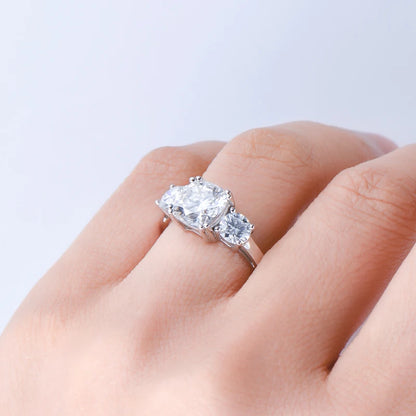 Anziw 3.5CTTW. Cushion & Round Moissanite Ring 925 Silver 3 Stone Engagement Wedding Promise Rings For Women Finger Jewelry D-E