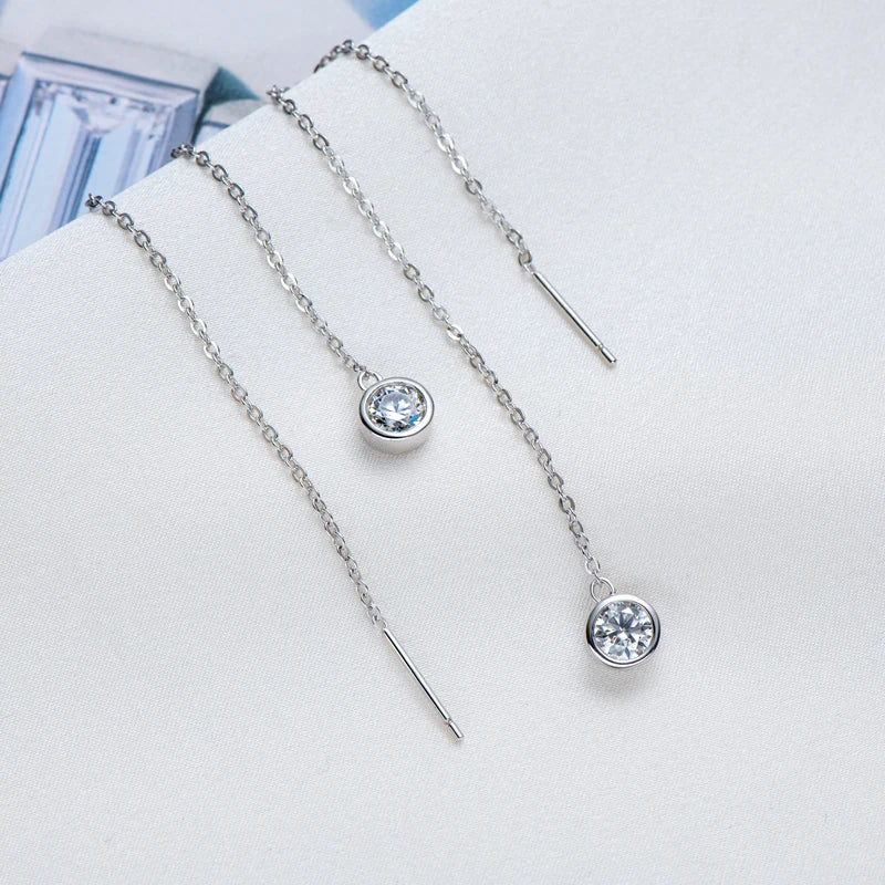 Anziw 925 Sterling Silver Ear Line Earrings Round Cut Moissanite 5mm (0.5ct) Pendant Dangle Tassel Earrings Threader for Women