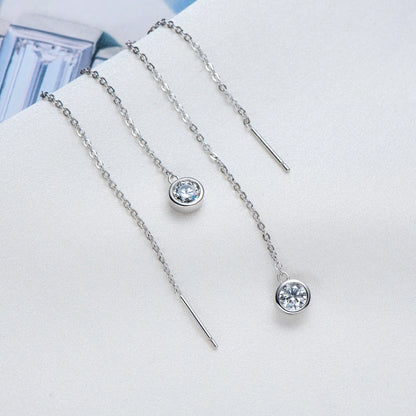 Anziw 925 Sterling Silver Ear Line Earrings Round Cut Moissanite 5mm (0.5ct) Pendant Dangle Tassel Earrings Threader for Women