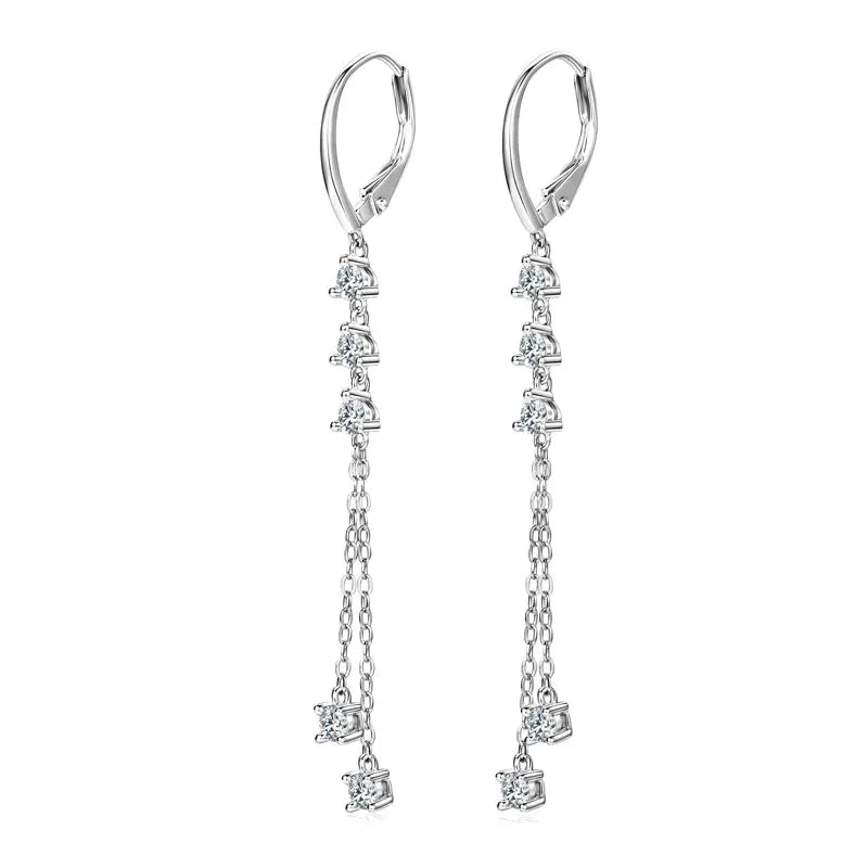 Anziw 6cm Long Tassel 3mm D Moissanite Drop Earrings for Women 925 Sterling Silver Hoop Clip Earrings Wedding Fine Jewelry Gifts