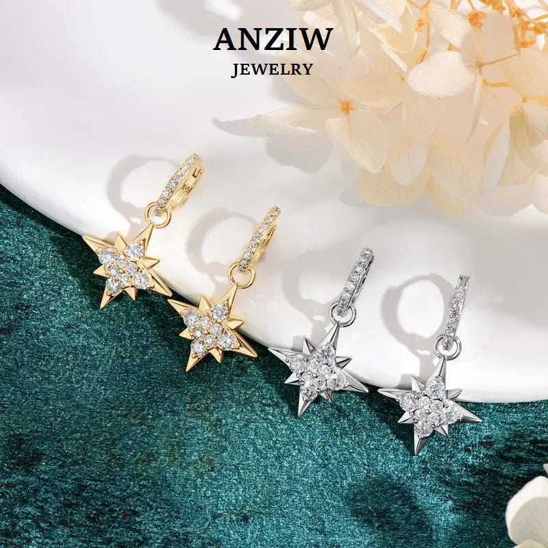 Anziw 100% 925 Silver Jewelry Charm Guide Star Drop Earrings Moissanite Piercing Hoop Earrings for Women with GRA Certificate