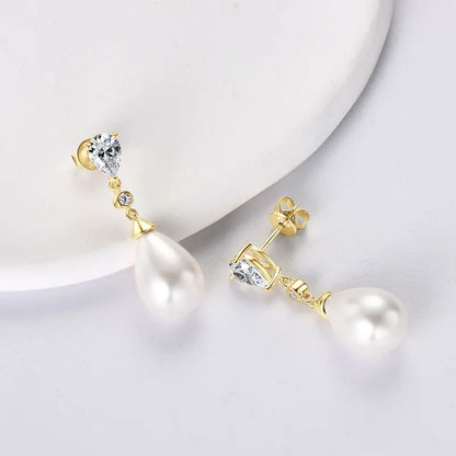 Anziw Elegant 925 Sterling Silver Earrings 13mm White Shell Pearl Drop Stud Earrings Engagement Wedding Fine Jewelry for Women