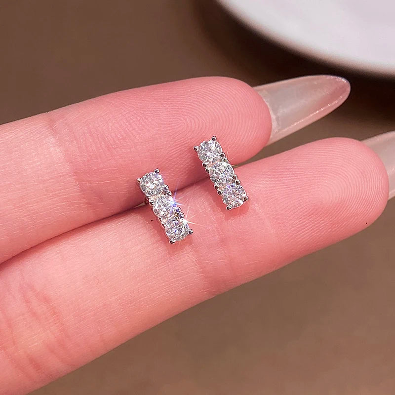 Anziw Sparking 3mm 3 Stone Moissanite Stud Earrings Real S925 Silver for Women Plated White Gold Daily Jewelry Valentine's Gift
