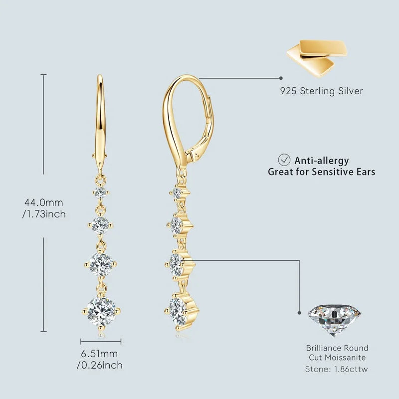 Anziw 42mm Long Dangle D Moissanite Drop Earrings for Women 925 Sterling Silver Hoop Clip Earrings Wedding Fine Jewelry Gift