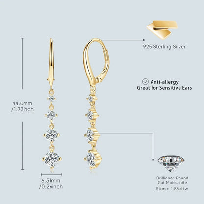 Anziw 42mm Long Dangle D Moissanite Drop Earrings for Women 925 Sterling Silver Hoop Clip Earrings Wedding Fine Jewelry Gift
