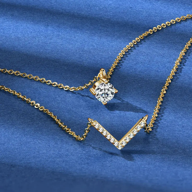Anziw V Letter 5mm Moissanite Pendant Double Layer Necklace for Women 925 Sterling Silver Chain Clavicle 2025 New Jewelry Gifts