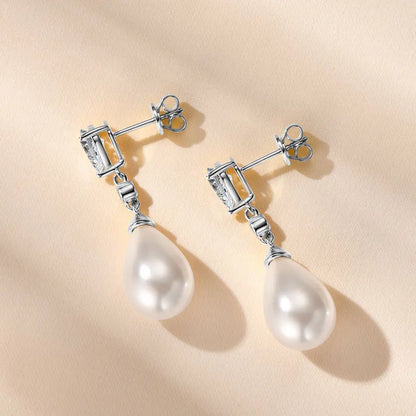Anziw Elegant 925 Sterling Silver Earrings 13mm White Shell Pearl Drop Stud Earrings Engagement Wedding Fine Jewelry for Women