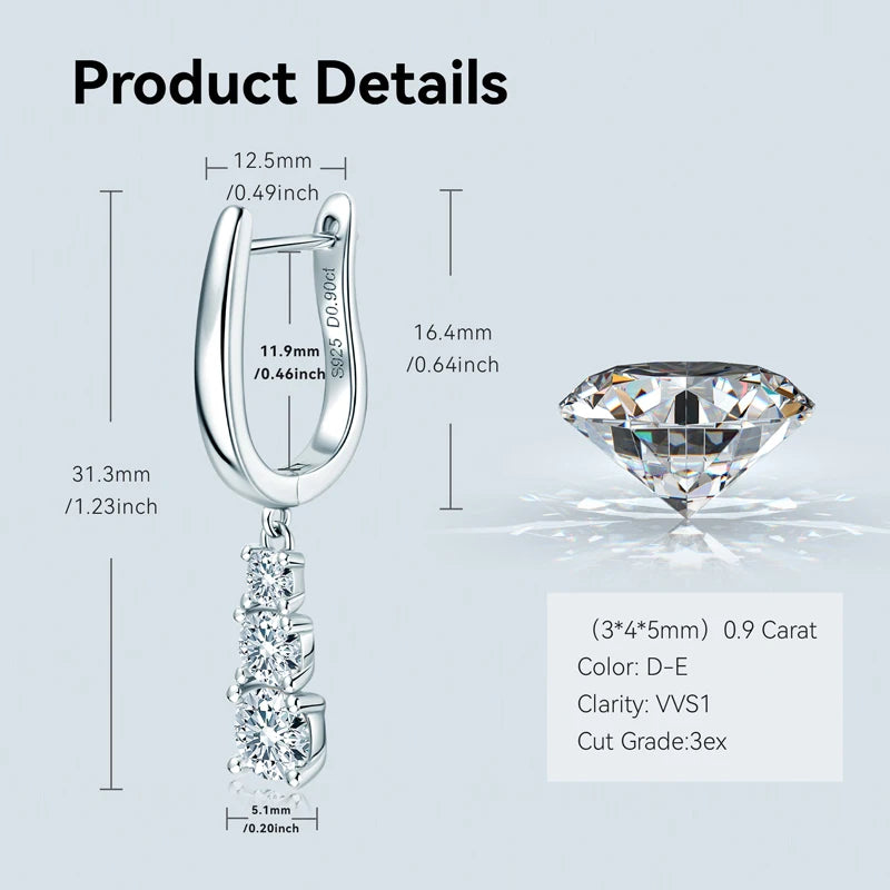 Anziw Three Stone Trilogy Clip Earrings 925 Sterling Silver 1.8CTW. Moissanite Pendant Earrings for Women Wedding Jewelry Gifts