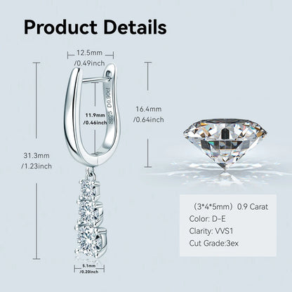 Anziw Three Stone Trilogy Clip Earrings 925 Sterling Silver 1.8CTW. Moissanite Pendant Earrings for Women Wedding Jewelry Gifts