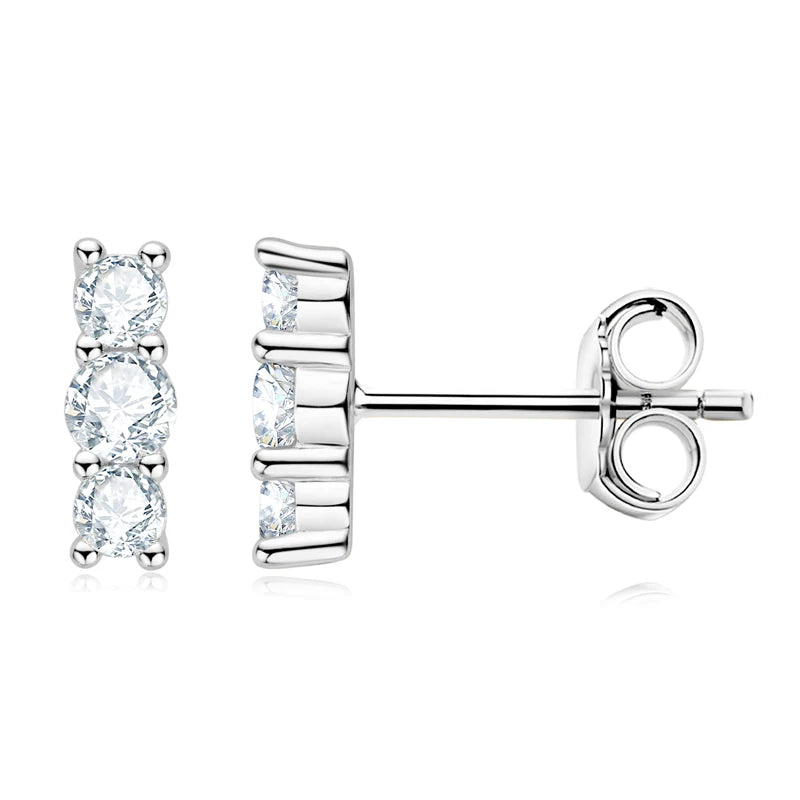 Anziw Sparking 3mm 3 Stone Moissanite Stud Earrings Real S925 Silver for Women Plated White Gold Daily Jewelry Valentine's Gift