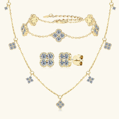 Anziw 3mm D Moissanite Jewelry Set Clover Flower Pendant Necklace Earrings Bracelet 3 in 1 Sets for Women 925 Silver Charm Gifts