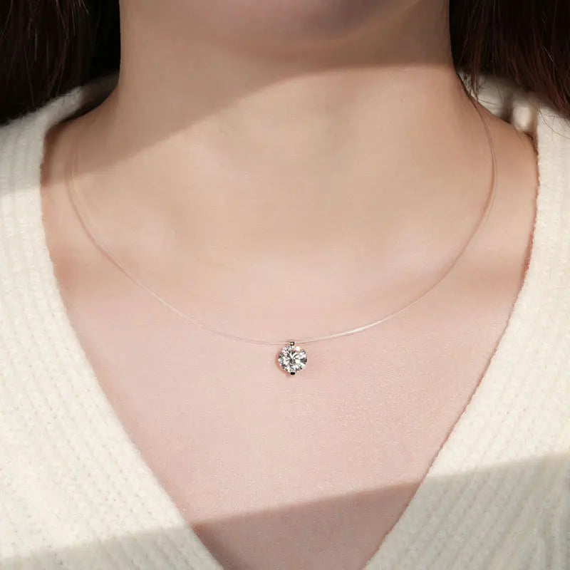 Anziw Trendy 3ct 1ct 0.5ct 2ct Moissanite Pendant Necklaces 925 Silver Adjustable Invisible Fish Line for Women Valentines Gift