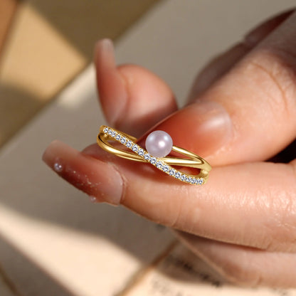 ANZIW s925 4-4.5mm Natural Freshwater Pearl Cross Rings for Women 925 Sterling Silver Trendy Opening Bands Ring Finger Jewelry