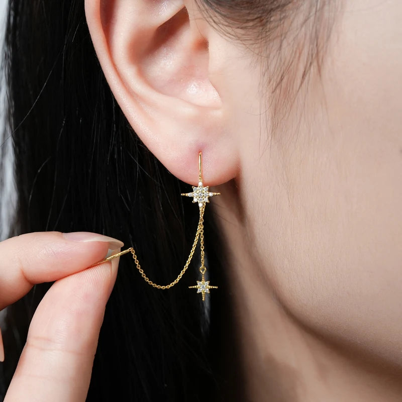 ANZIW Guide Star Pendant Round Moissanite Earrings Ear Line 925 Silver for Women Piercing Threader 2024 Trend Fine Jewelry Gift