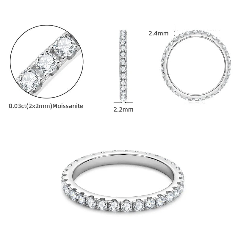 Anziw Classic Stackable Rings 925 Sterling Silver 2mm D Moissanite Eternity Band Wedding Engagement Ring for Women Fine Jewelry