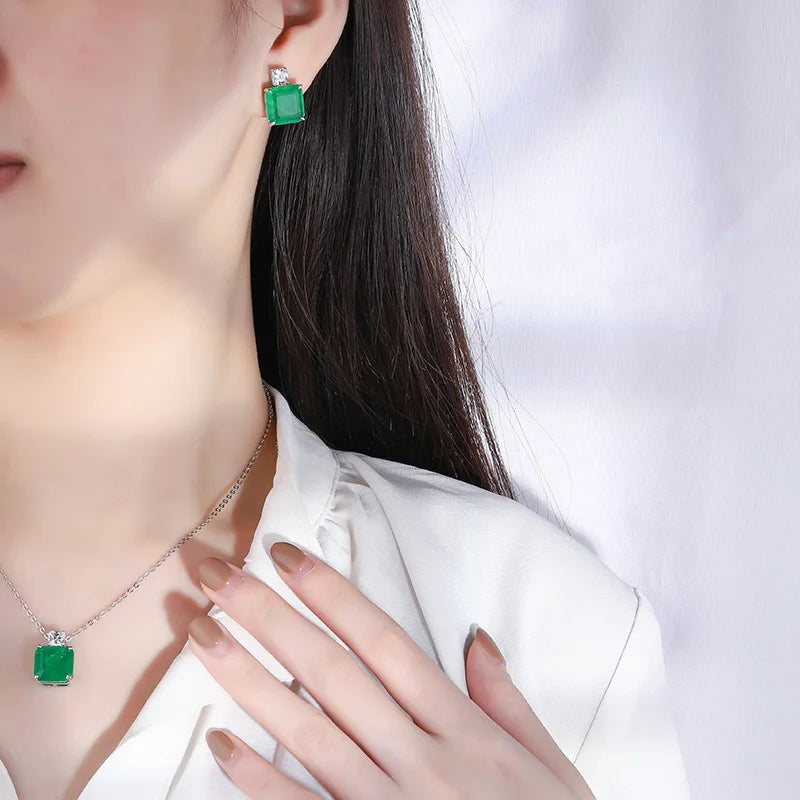Vintage Simulated Emerald Square Stud Earrings 10*10mm Gemstone Pendant Necklace Silver 925 Plated Copper Women's  Jewelry Gift