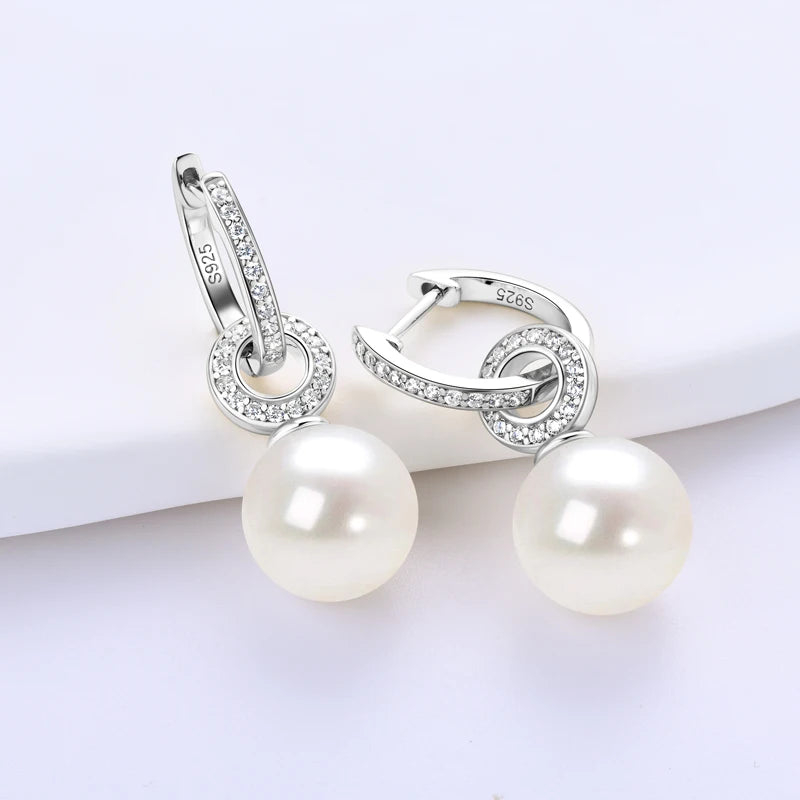 Anziw Real 925 Sterling Silver Hoop Earrings 9-10mm White Shell Pearl Drop Earring Detachable Wedding Party Jewelry for Women
