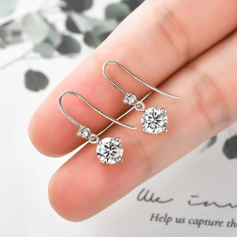 Anziw Hook Earrings Real 925 Silver 6.5mm 1ct Round Moissanite Drop Dangle Earring Certified Wedding Jewelry for Women Gift