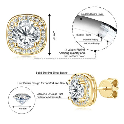 6.5mm 2CTW. D Moissanite Square Stud Earrings for Women Men S925 Silver Earrings Classic 1.0carat Certified Lab Diamond Jewelry