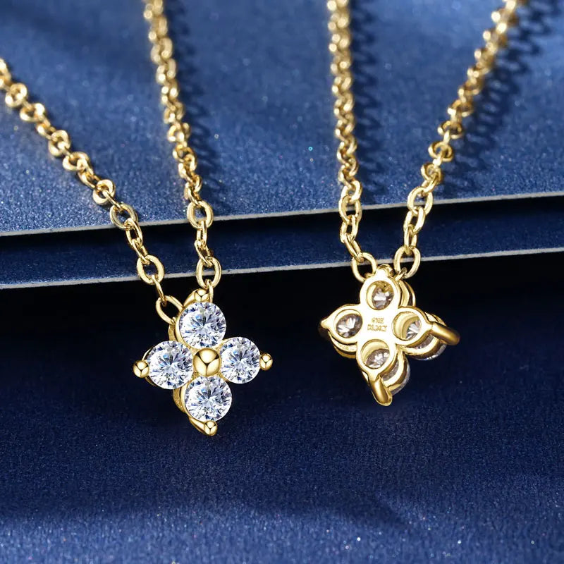 Anziw 100% Real 10K Gold Clover Flower 2.5mm D Moissanite Pendant Necklace Adjustable Chain for Women Lucky Charm Jewelry Gifts