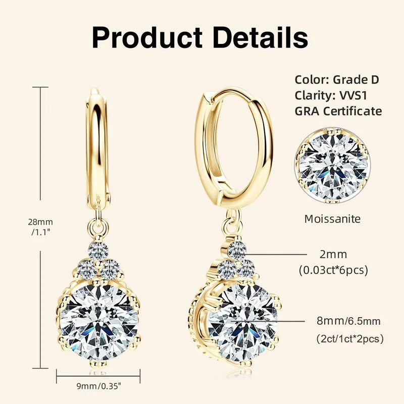 Anziw 2CT 1CT D Color Moissanite Dangle Drop Earrings for Women 925 Silver Elegant Wedding Engagement Earrings with Certificate