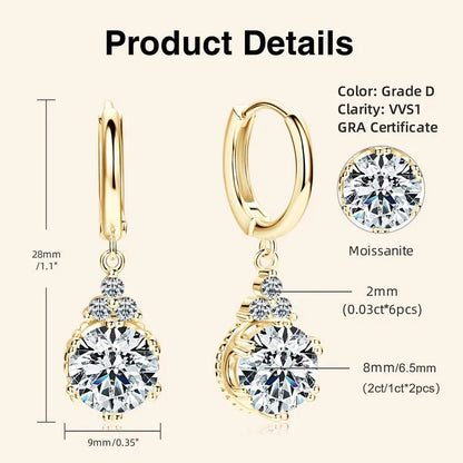Anziw 2CT 1CT D Color Moissanite Dangle Drop Earrings for Women 925 Silver Elegant Wedding Engagement Earrings with Certificate