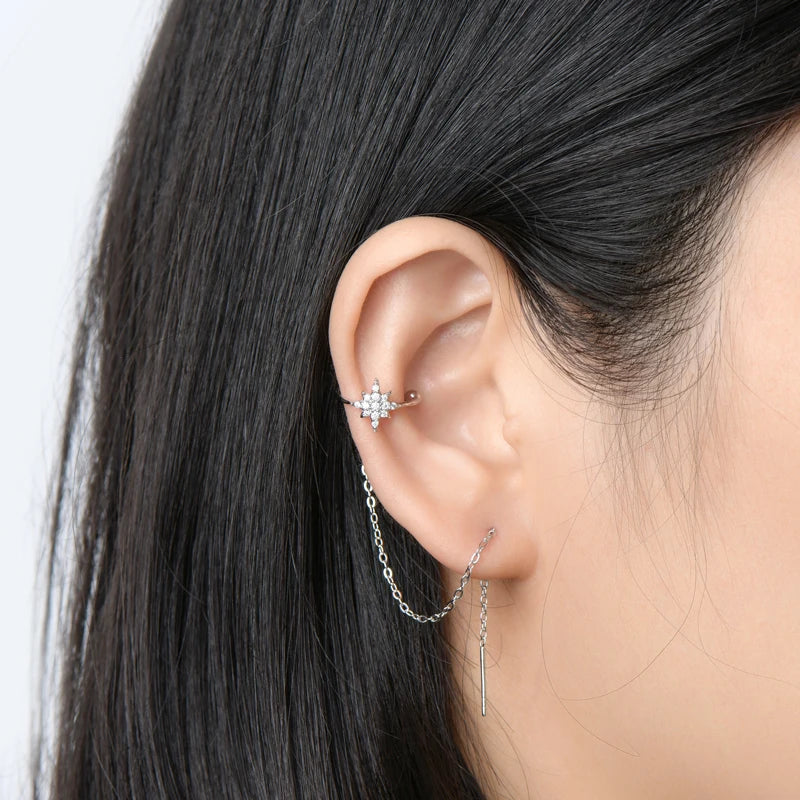 Anziw Moissanite Star Ear Line Cuff Crawler Climber Earrings for Women 925 Silver Long Chain Threader Earring GRA Jewelry Gifts