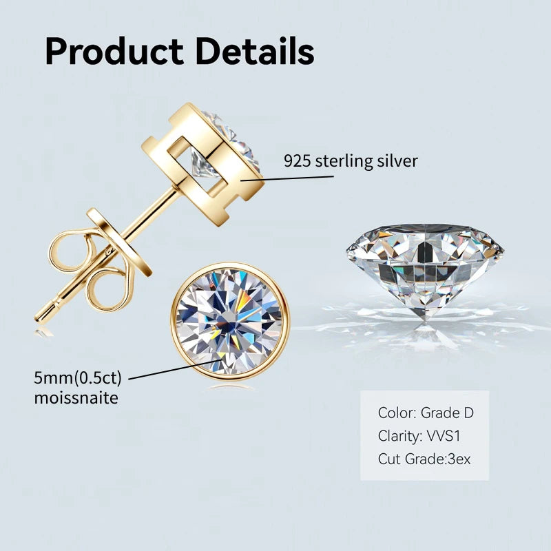 Anziw Bezel 5mm 6.5mm 1CT D Color Moissanite Earrings 925 Sterling Silver Plated K Gold Earrings for Men Women Gift Valentine's