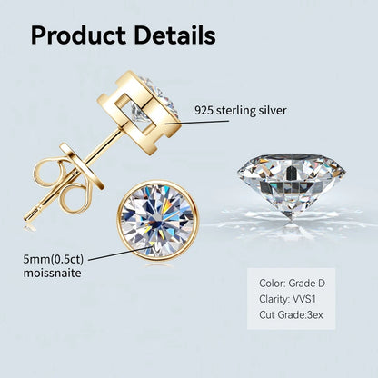 Anziw Bezel 5mm 6.5mm 1CT D Color Moissanite Earrings 925 Sterling Silver Plated K Gold Earrings for Men Women Gift Valentine's