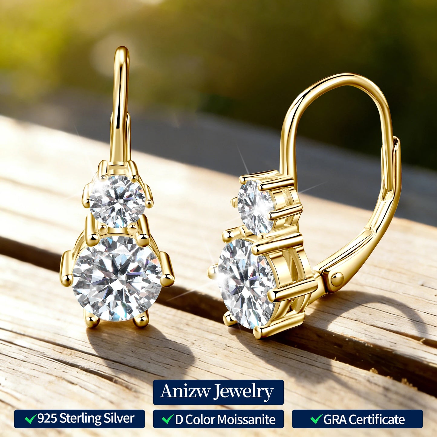 Anziw 2.60cttw. 6.5mm D Moissanite Drop Hoop Earrings for Women Real 925 Silver Two Stones Clip Earrings 2025 Trend Fine Jewelry