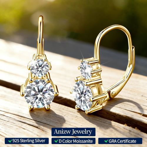 Anziw 2.60cttw. 6.5mm D Moissanite Drop Hoop Earrings for Women Real 925 Silver Two Stones Clip Earrings 2025 Trend Fine Jewelry