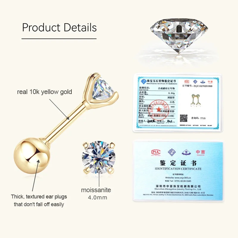 Anziw 10K Yellow Gold Moissanite Sparking Stud Earrings for Couple Men Women Real Gold Wedding Jewelry D Color VVS1 Lab Diamond