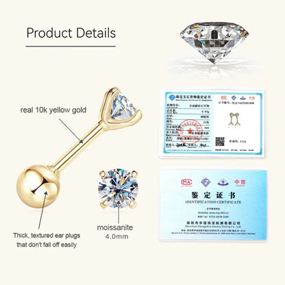 Anziw 10K Yellow Gold Moissanite Sparking Stud Earrings for Couple Men Women Real Gold Wedding Jewelry D Color VVS1 Lab Diamond