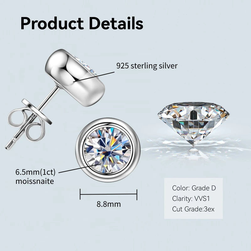Anziw Bezel 5mm 6.5mm 1CT D Color Moissanite Earrings 925 Sterling Silver Plated K Gold Earrings for Men Women Gift Valentine's