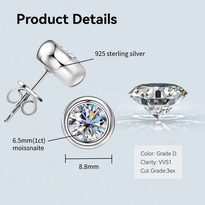 Anziw Bezel 5mm 6.5mm 1CT D Color Moissanite Earrings 925 Sterling Silver Plated K Gold Earrings for Men Women Gift Valentine's