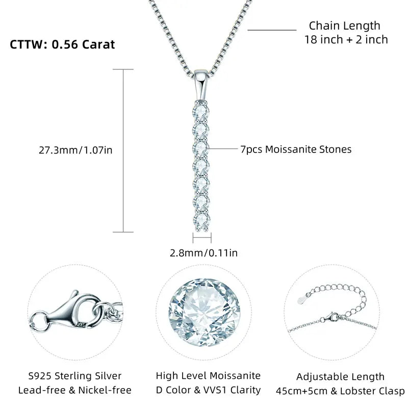 Anziw 2.8mm 0.56ctw. Moissanite Pendant Necklace for Women 925 Silver Adjustable Chain 7-stone Bar Necklaces Trend Jewelry Gifts